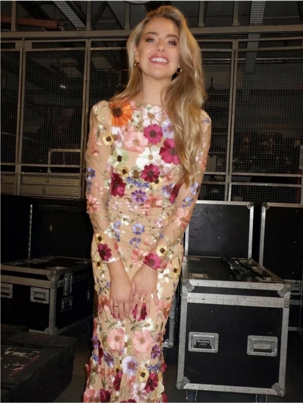 Floral Appliqué Sheer Long-Sleeve Midi Dress - Multi - Picture 2 of 11